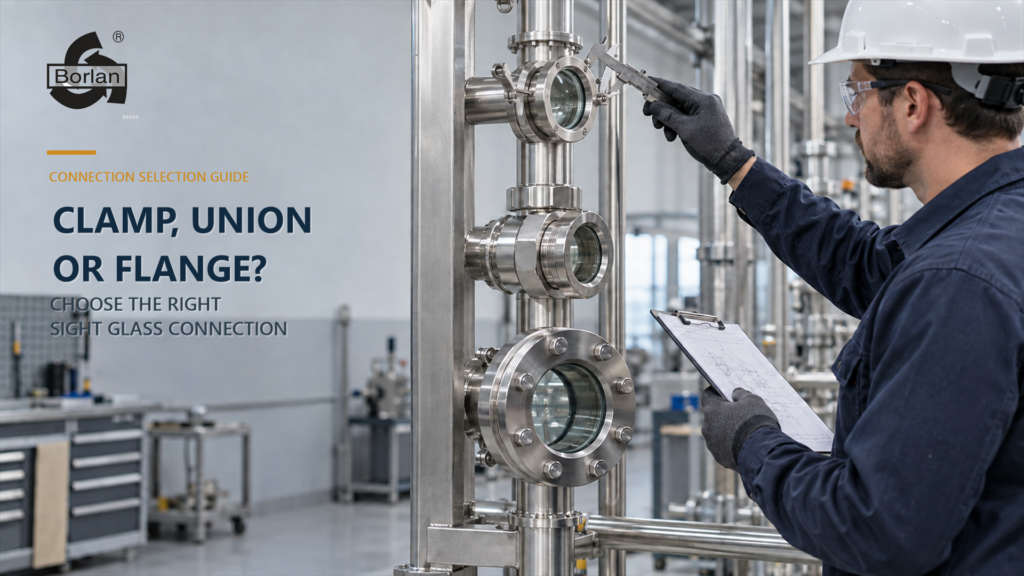 engineer comparing clamp, union, and flanged stainless steel sight glass connections on a vertical process equipment test skid