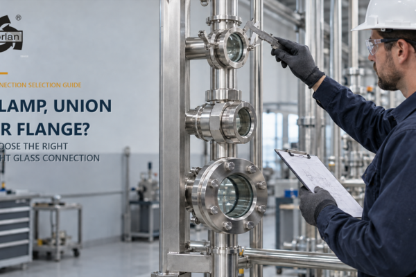 engineer comparing clamp, union, and flanged stainless steel sight glass connections on a vertical process equipment test skid