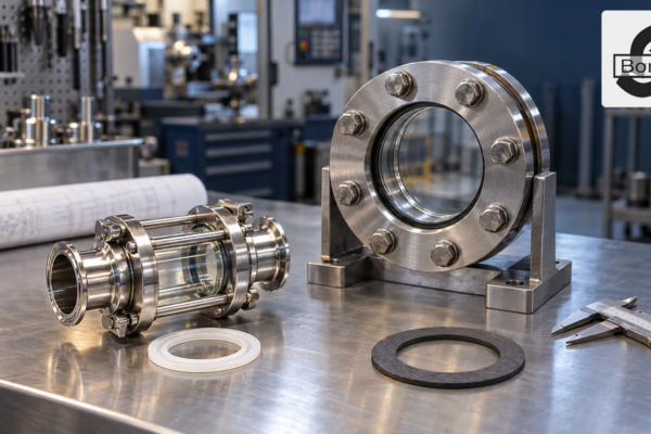 sanitary stainless steel pipeline sight glass beside a robust industrial vessel sight glass in a clean process plant