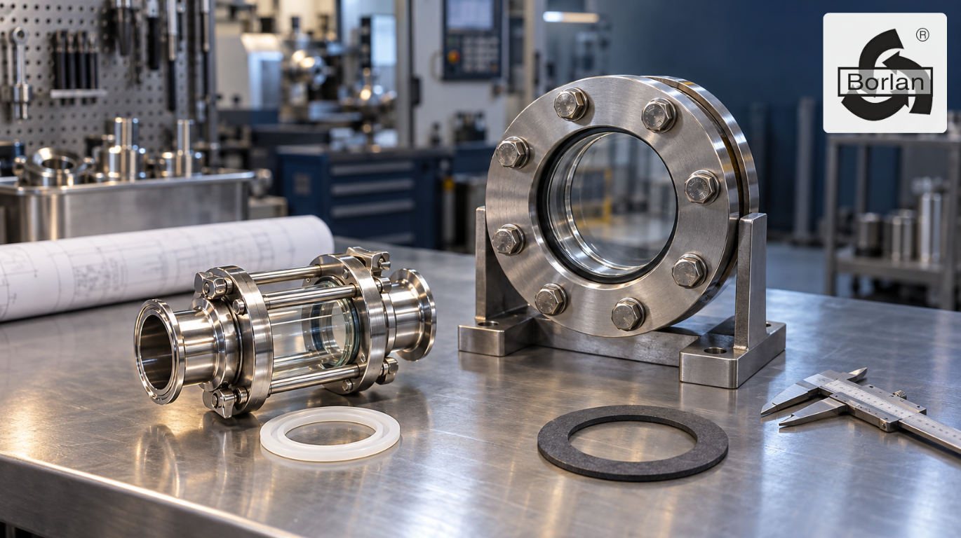 sanitary stainless steel pipeline sight glass beside a robust industrial vessel sight glass in a clean process plant