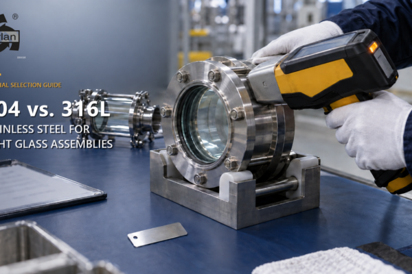 technician using a handheld alloy analyzer to verify a stainless steel sight glass body in a manufacturing inspection area