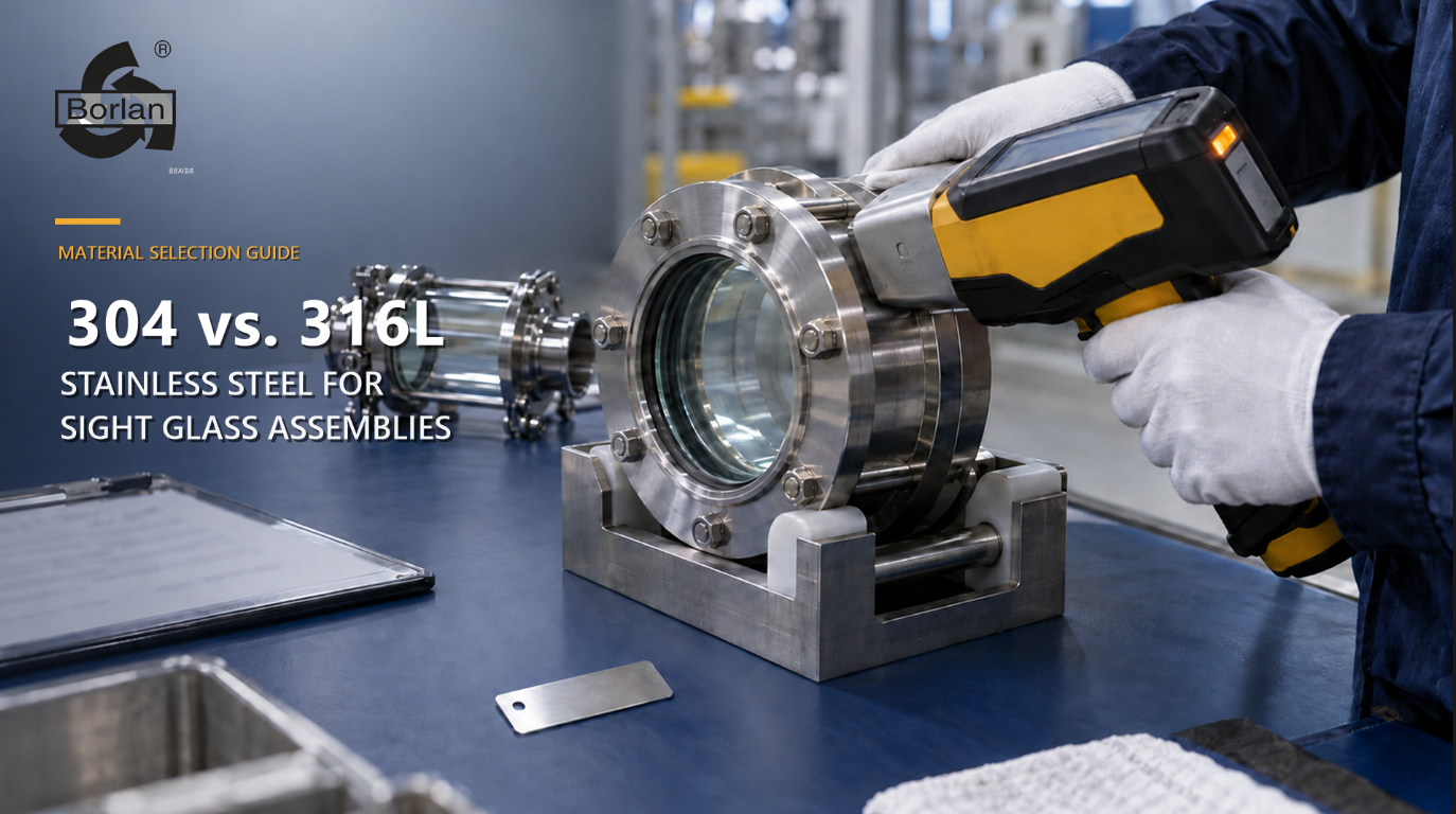 technician using a handheld alloy analyzer to verify a stainless steel sight glass body in a manufacturing inspection area