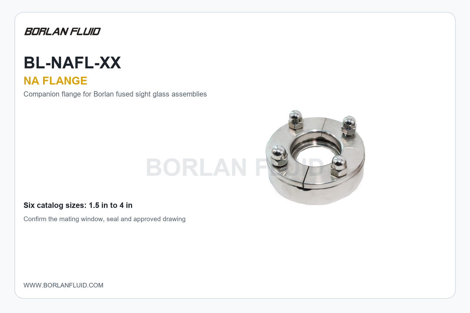 BL-NAFL-XX NA flange overview with product image and catalog size range