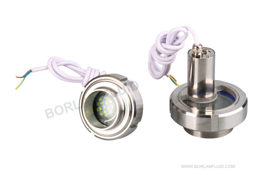 The Borlan Fluid BL101-2 integrated union sight glass light combines an LED inspection light with a stainless-steel union sight glass assembly.