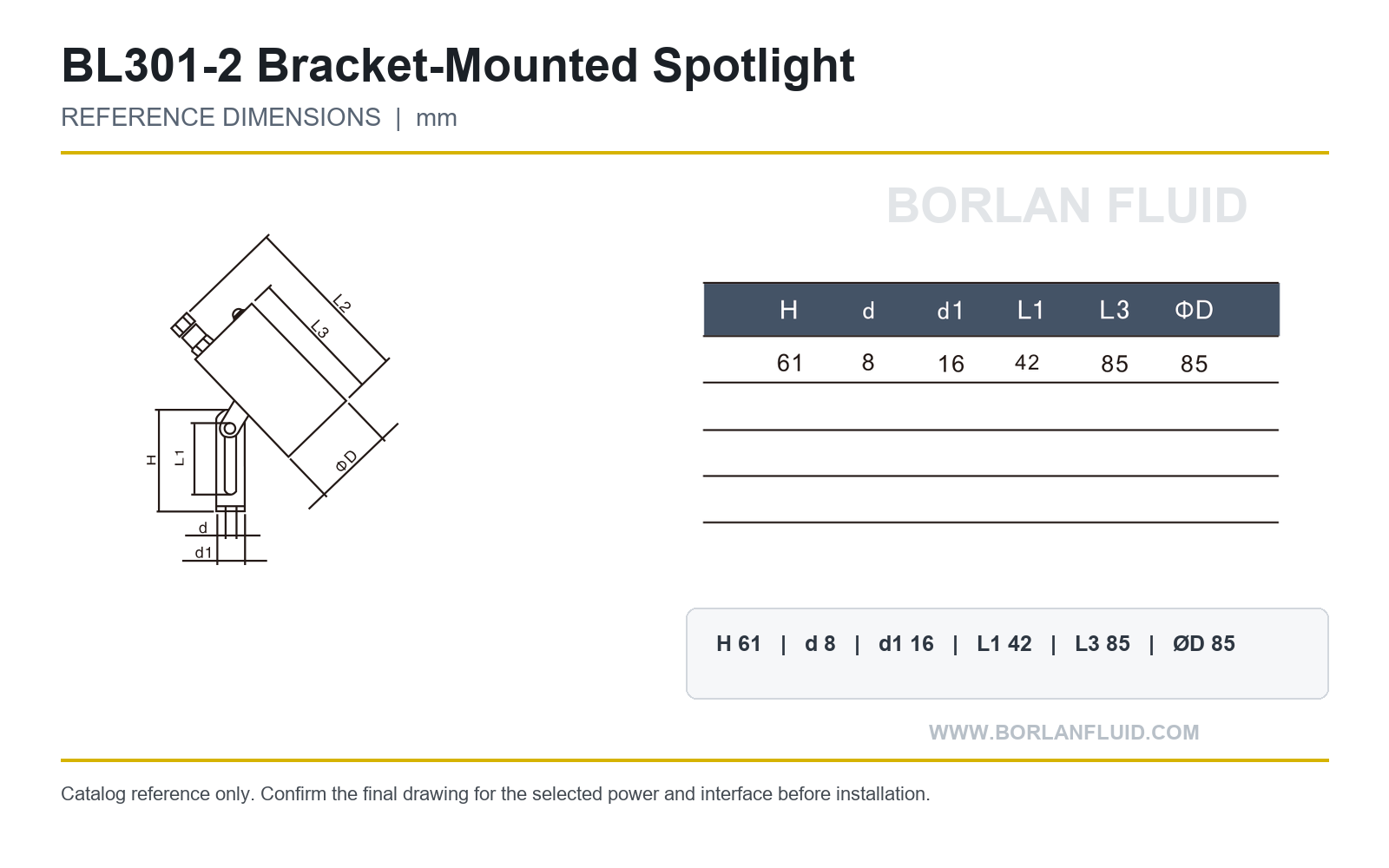 BL301-2 bracket-mounted sight glass spotlight catalog reference drawing and dimensions H 61 d 8 d1 16 L1 42 L3 85 outside diameter 85 millimetres