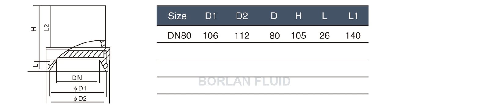 BL301-2 DN80 tank-top sight light catalog section drawing and table D1 106 D2 112 D 80 H 105 L 26 L1 140 millimetres
