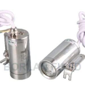 Borlan Fluid BL401-3 wired stainless steel sight glass spotlight shown upright and angled with adjustable mounting bracket