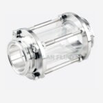 Angled view of Borlan Fluid quick-clamp inline pipe sight glass showing a transparent chamber, clamp ferrules and tie rods