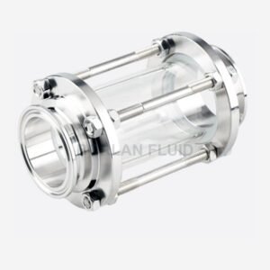 Angled view of Borlan Fluid quick-clamp inline pipe sight glass showing a transparent chamber, clamp ferrules and tie rods