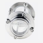 End view of Borlan Fluid quick-clamp inline pipe sight glass showing the circular opening and bolted clamp-end assembly