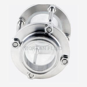 End view of Borlan Fluid quick-clamp inline pipe sight glass showing the circular opening and bolted clamp-end assembly