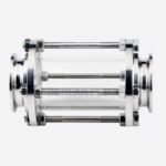 Side view of Borlan Fluid quick-clamp inline pipe sight glass showing transparent chamber, tie rods and two clamp ferrules