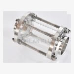 Angled view of Borlan Fluid weld-end inline pipe sight glass showing clear window, bolted ends and weld connections