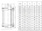 Reference drawing and size chart for weld-end inline pipe sight glass with A, B, C and H dimensions, sizes 19 to 102 millimetres