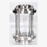 Borlan Fluid weld-end inline pipe sight glass with transparent cylindrical window, welded pipe ends and external tie rods