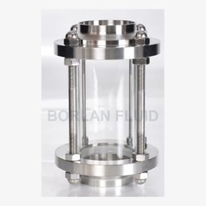 Borlan Fluid weld-end inline pipe sight glass with transparent cylindrical window, welded pipe ends and external tie rods