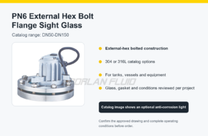 PN6 external hex bolt flange sight glass in DN50 to DN150 catalog sizes
