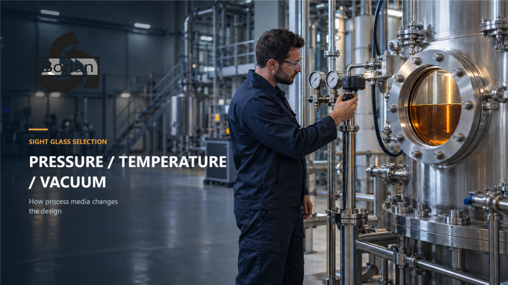 process engineer checking gauges and temperature at a stainless steel vessel sight glass containing amber liquid
