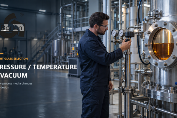 process engineer checking gauges and temperature at a stainless steel vessel sight glass containing amber liquid