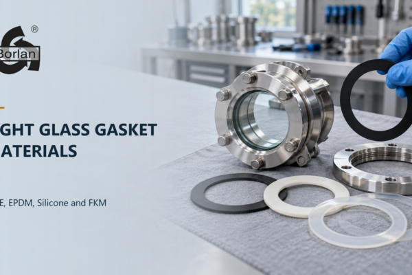 technician comparing annular gasket options beside a stainless steel sight glass assembly